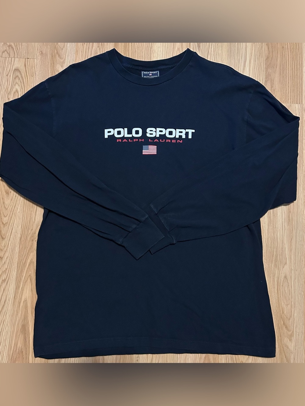 Vintage Polo Sport Ralph Lauren Men’s Size Medium Shirt USA Flag Navy Blue Vtg